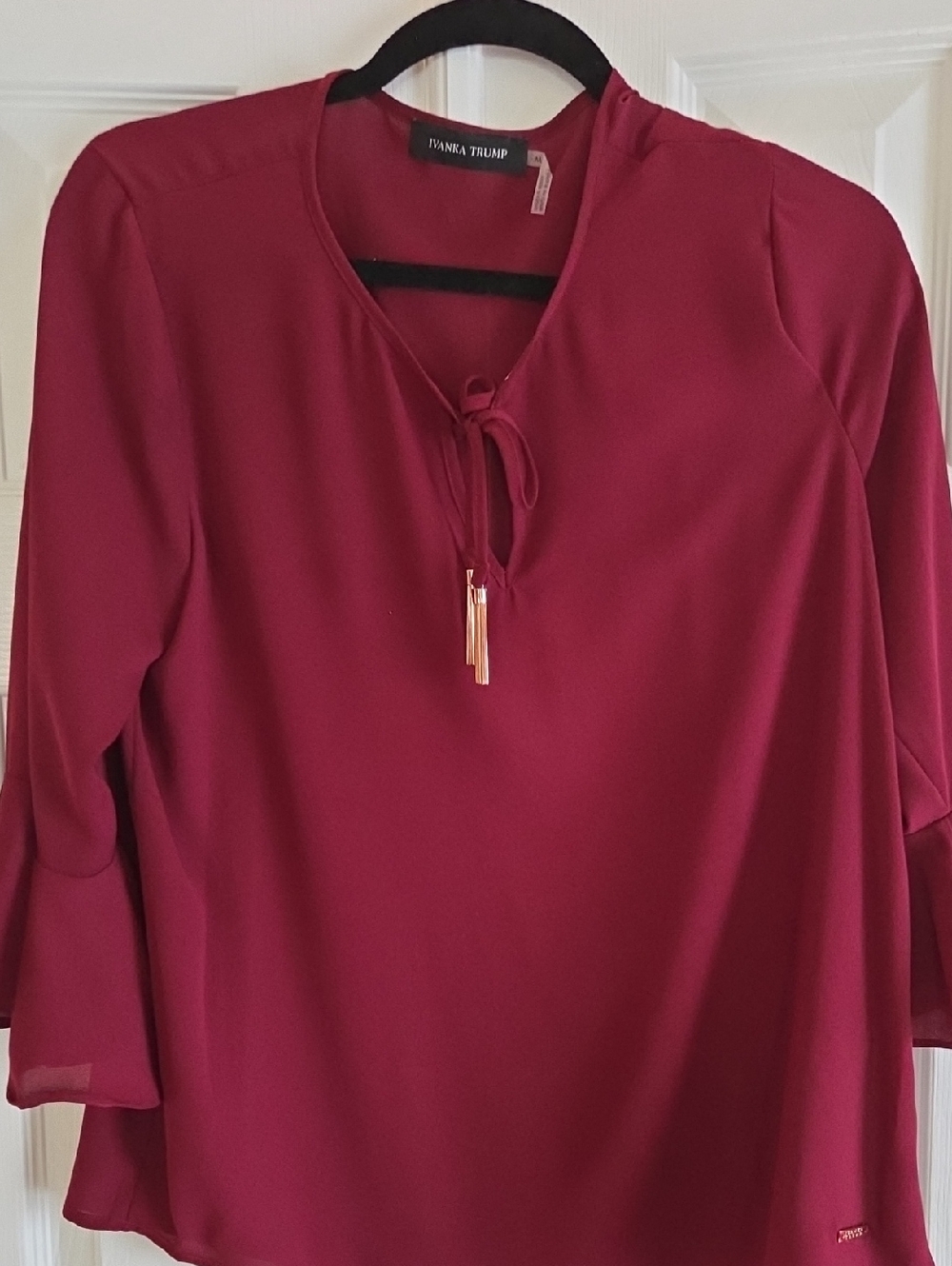 Ivanka Trump Women's Wine Tie-Neck Blouse with Rose Gold Tassels